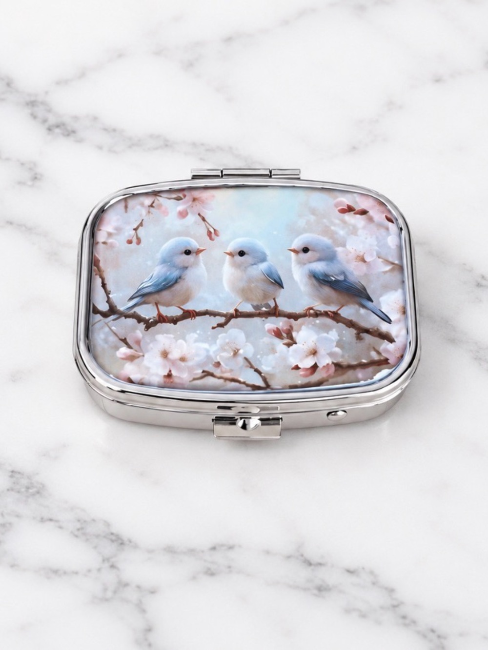 Blue Bird Theme Design Purse Pill Box/Travel Jewelry-Compact With Lidded Mirror